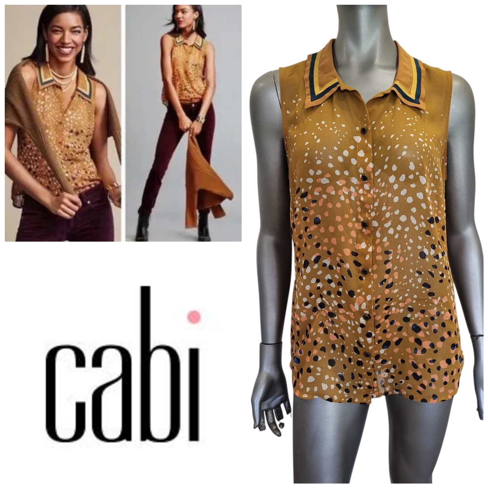 179. CAbi #3436 Cheers Women's Gold and Navy Blue  Sleeveless Blouse - Size Med